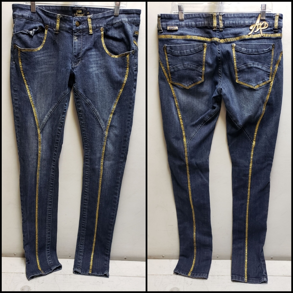 Akademiks Streetwear brand womens size 34 gold trim skinny jeans rare style